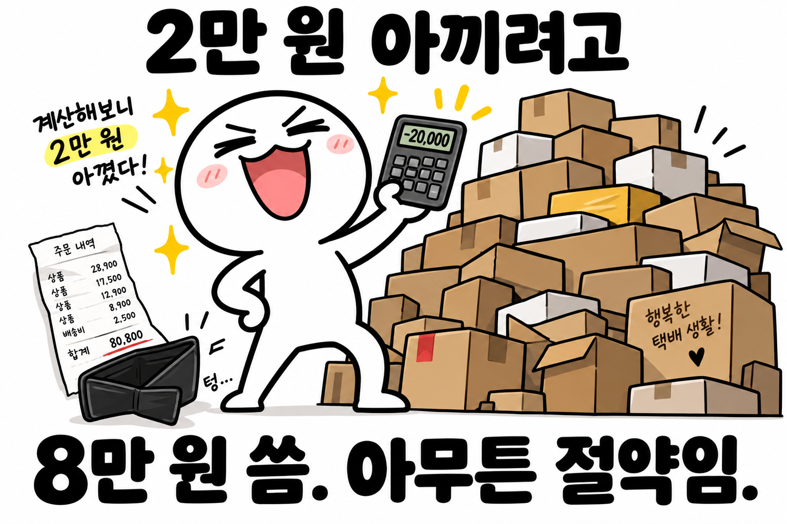 2만 원 아끼려고 8만 원을 쓰고 아무튼 절약이라고 뿌듯해하는 캐릭터