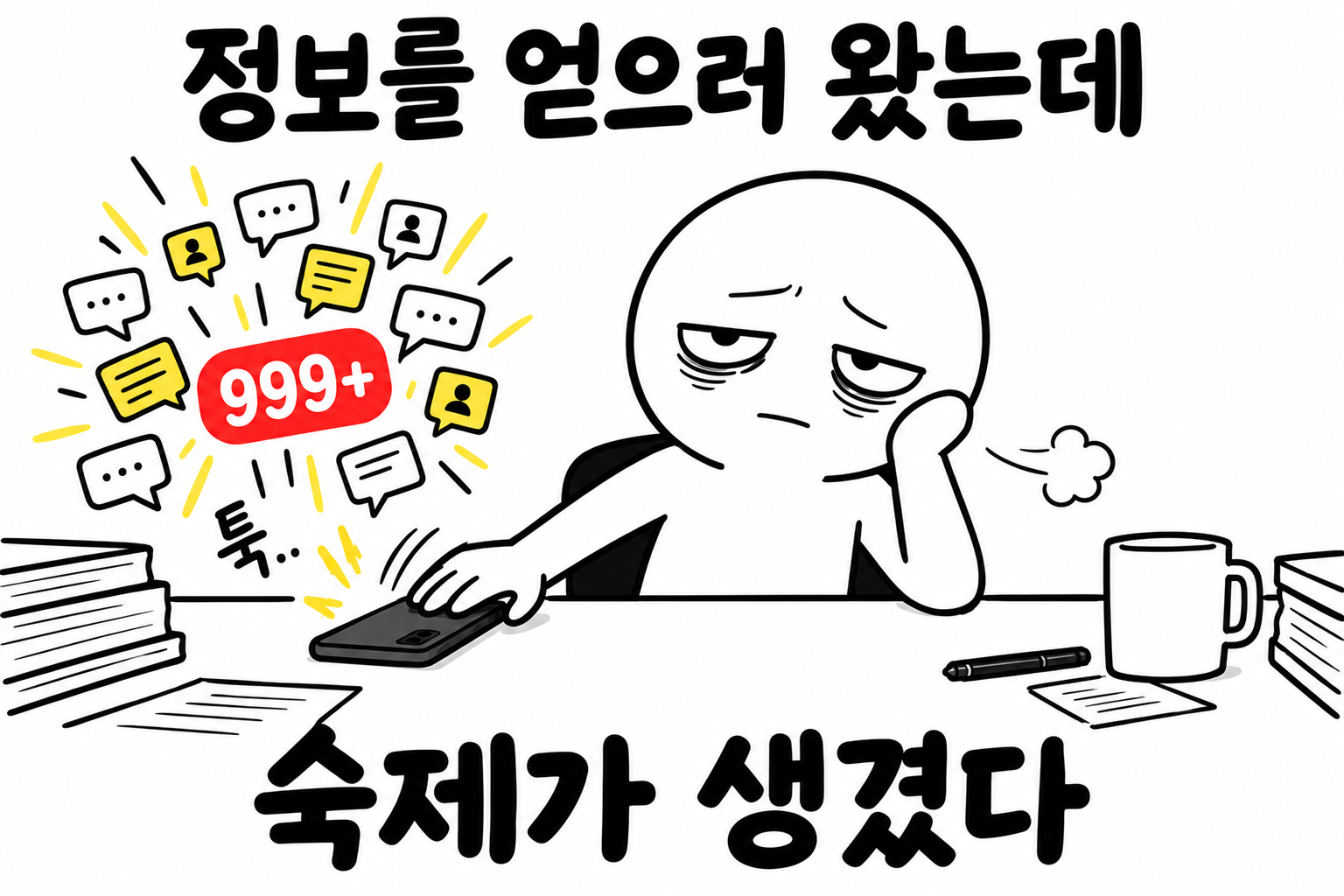 알림 999개를 보고 정보를 얻으러 왔는데 숙제가 생겼다며 지친 캐릭터