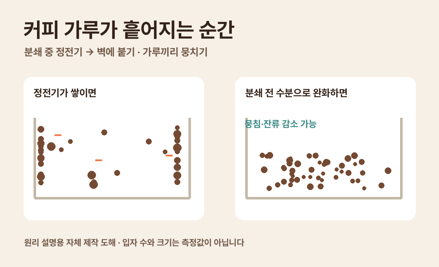 정전기로 가루가 벽에 붙는 경우와 수분으로 완화한 경우를 비교한 원리 도해