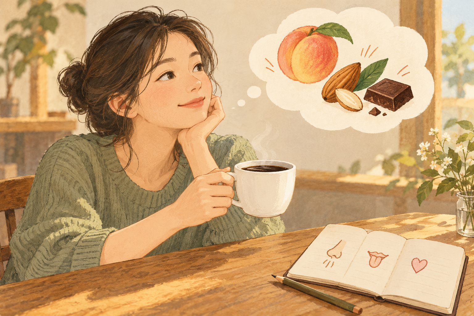 블랙커피를 마시며 복숭아·아몬드·초콜릿을 떠올리고 세 가지 감각을 기록하는 모습을 표현한 일러스트